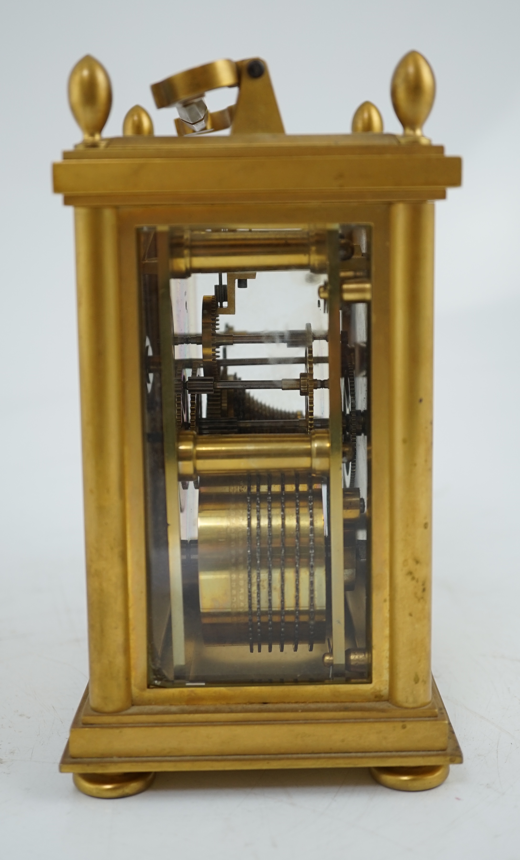 James Gowland of London, a rare mid 19th century giant gilt bronze single fuseé carriage timepiece, 22cm high to handle